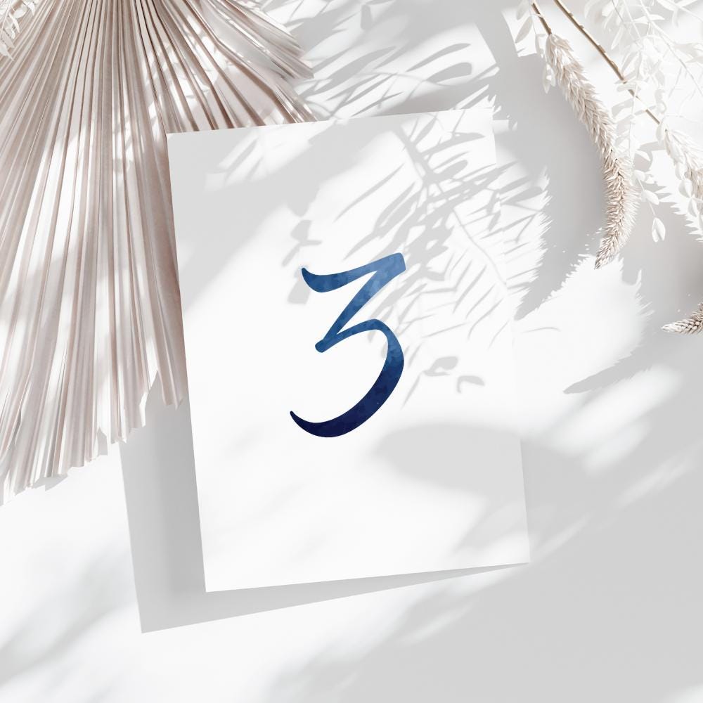 Blue Watercolor Wedding Table Numbers: Beach Theme, Modern Script