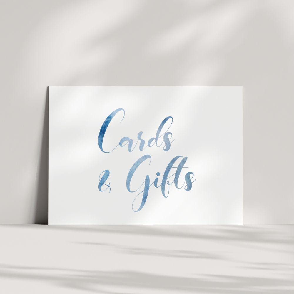 Blue Watercolor Cards and Gifts Sign, 5x7, Printed and Shipped