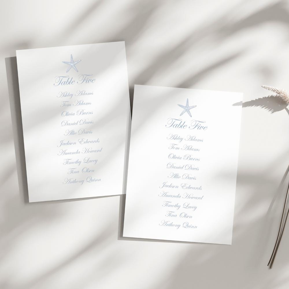 Starfish Beach Wedding Seating Chart: Dusty Blue Calligraphy with free personalization