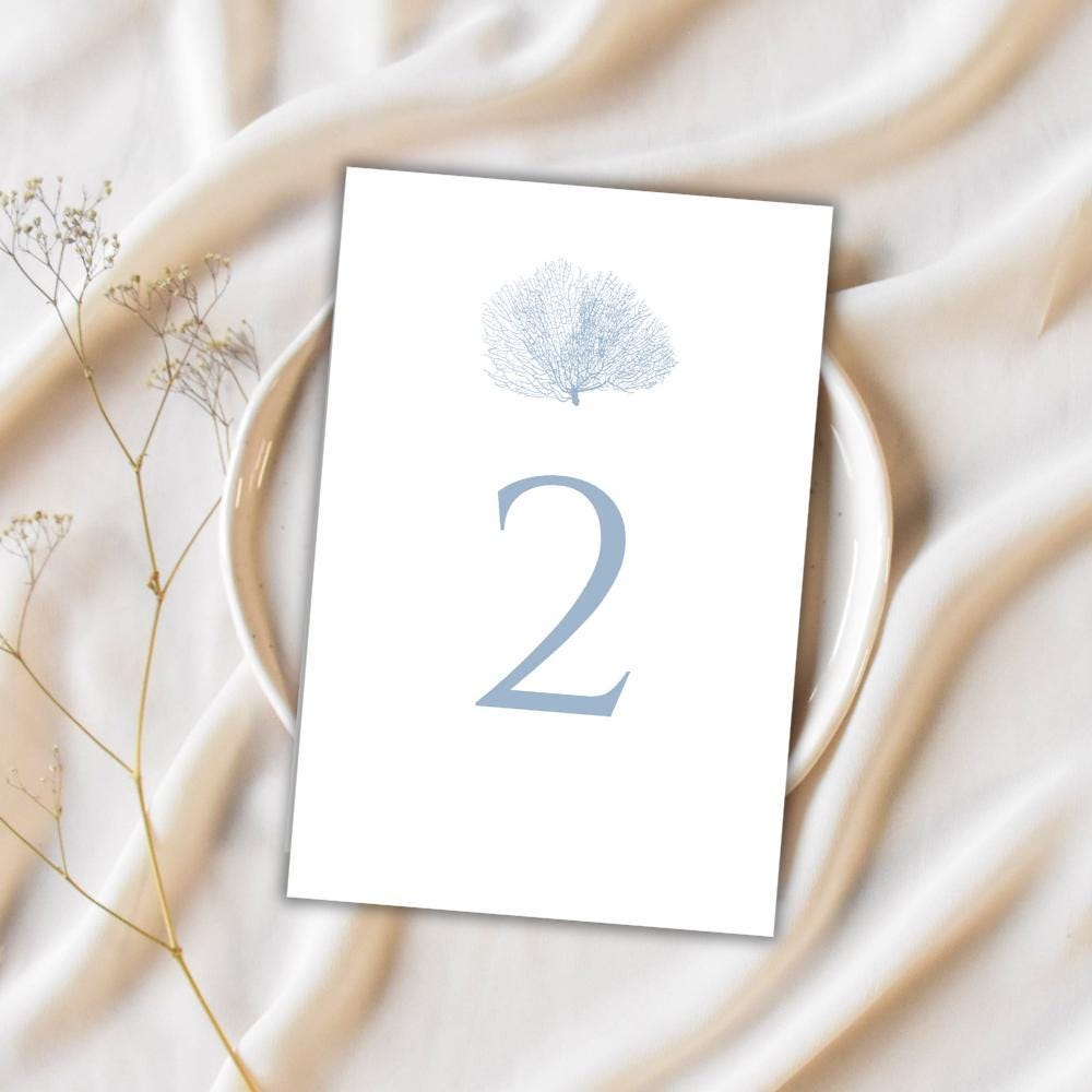 Beach Wedding Table Numbers with a Dusty Blue Sea Fan