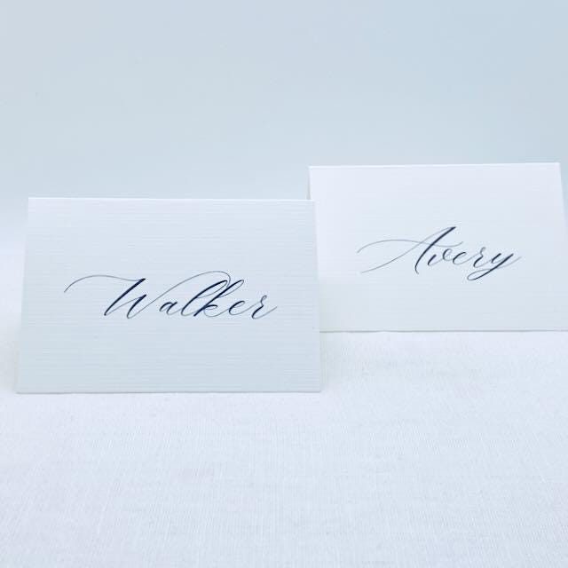 Personalized Calligraphy Wedding Place Cards: Black & White Linen
