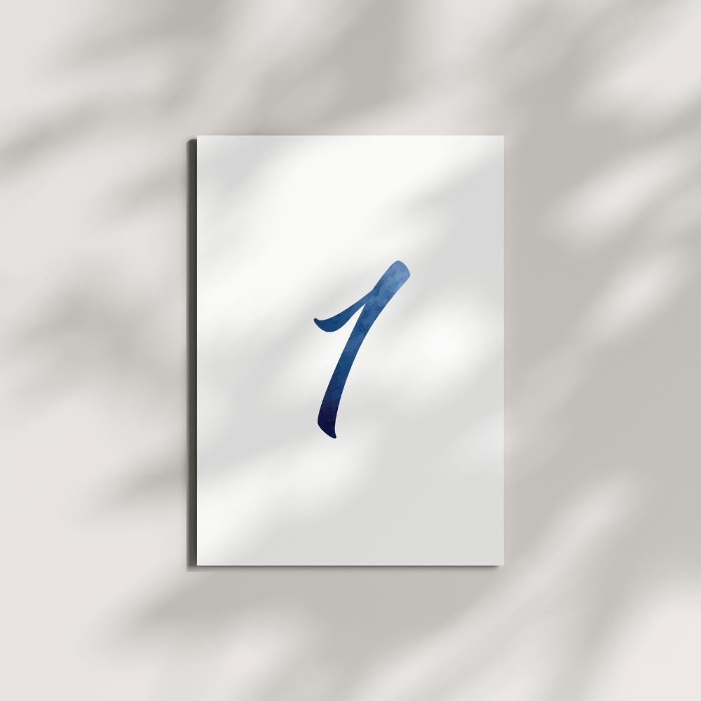 Blue Watercolor Wedding Table Numbers: Beach Theme, Modern Script