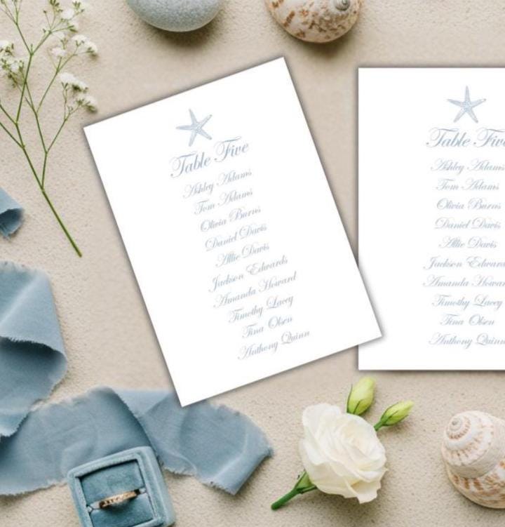 Starfish Beach Wedding Seating Chart: Dusty Blue Calligraphy with free personalization