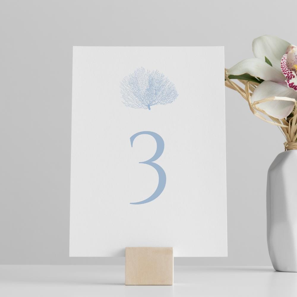 Beach Wedding Table Numbers with a Dusty Blue Sea Fan