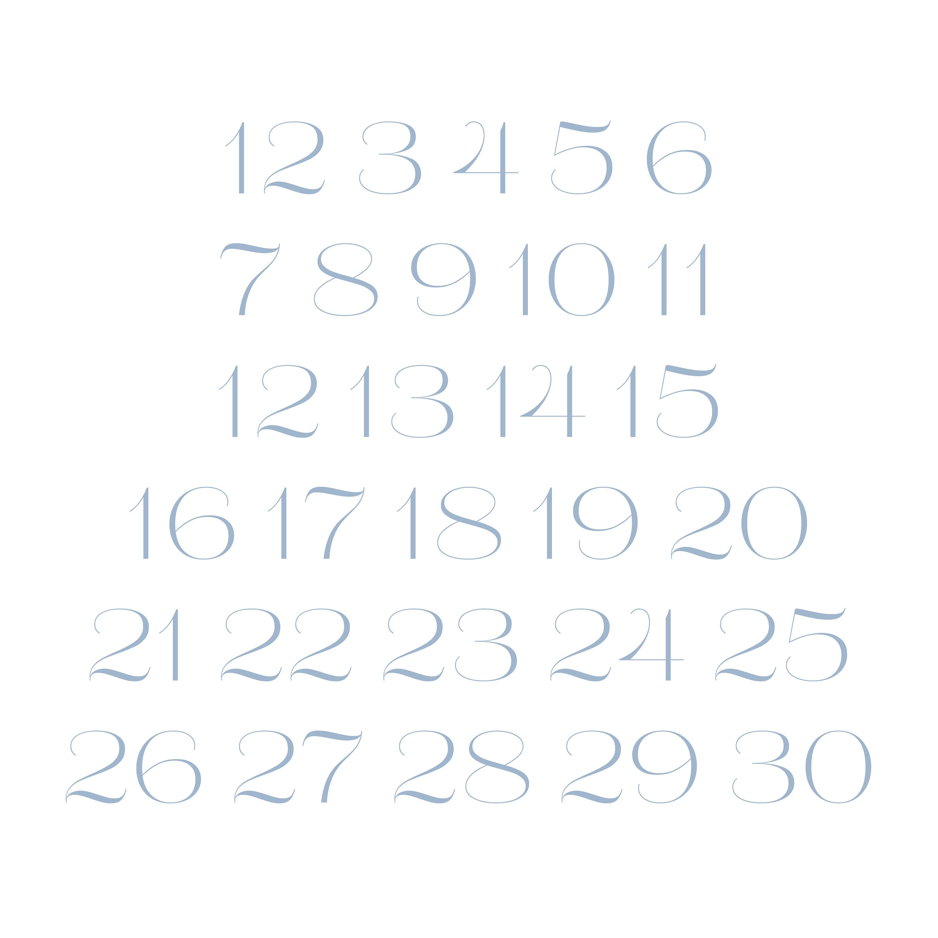 Wedding Table Numbers 1- 20, Dusty Blue, 4 x 6