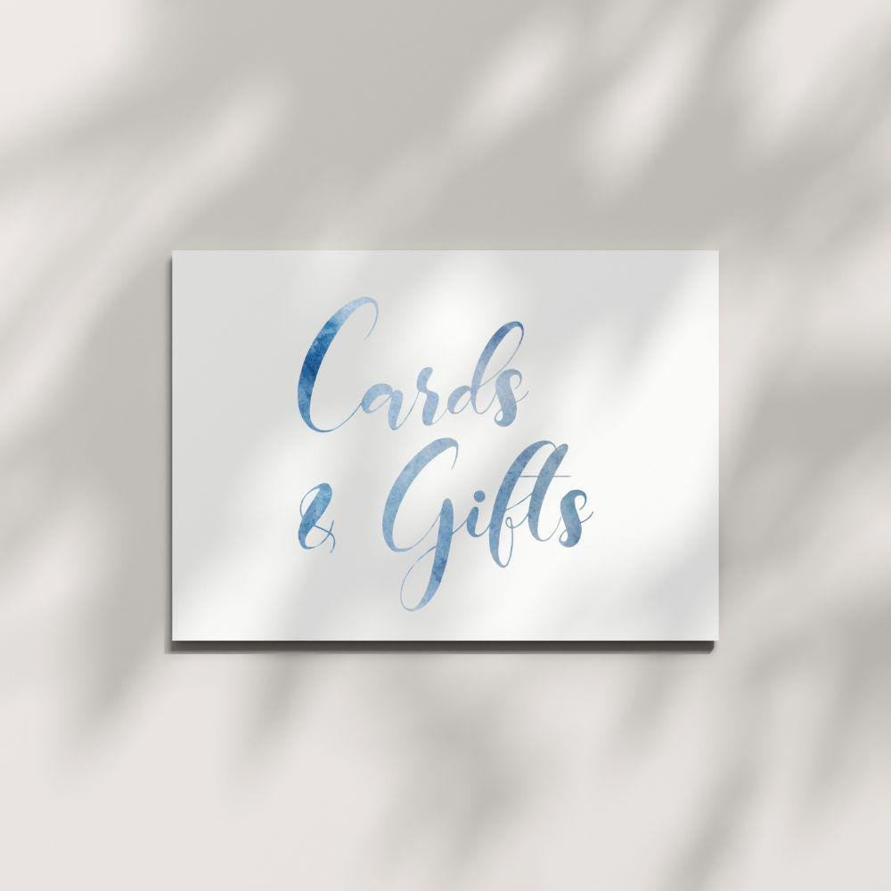 Blue Watercolor Cards and Gifts Sign, 5x7, Printed and Shipped
