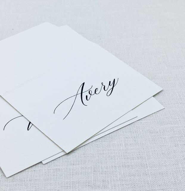 Personalized Calligraphy Wedding Place Cards: Black & White Linen