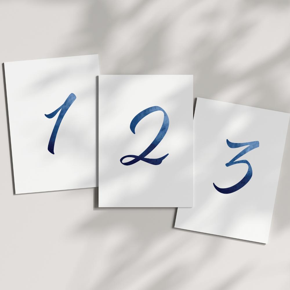 Blue Watercolor Wedding Table Numbers: Beach Theme, Modern Script