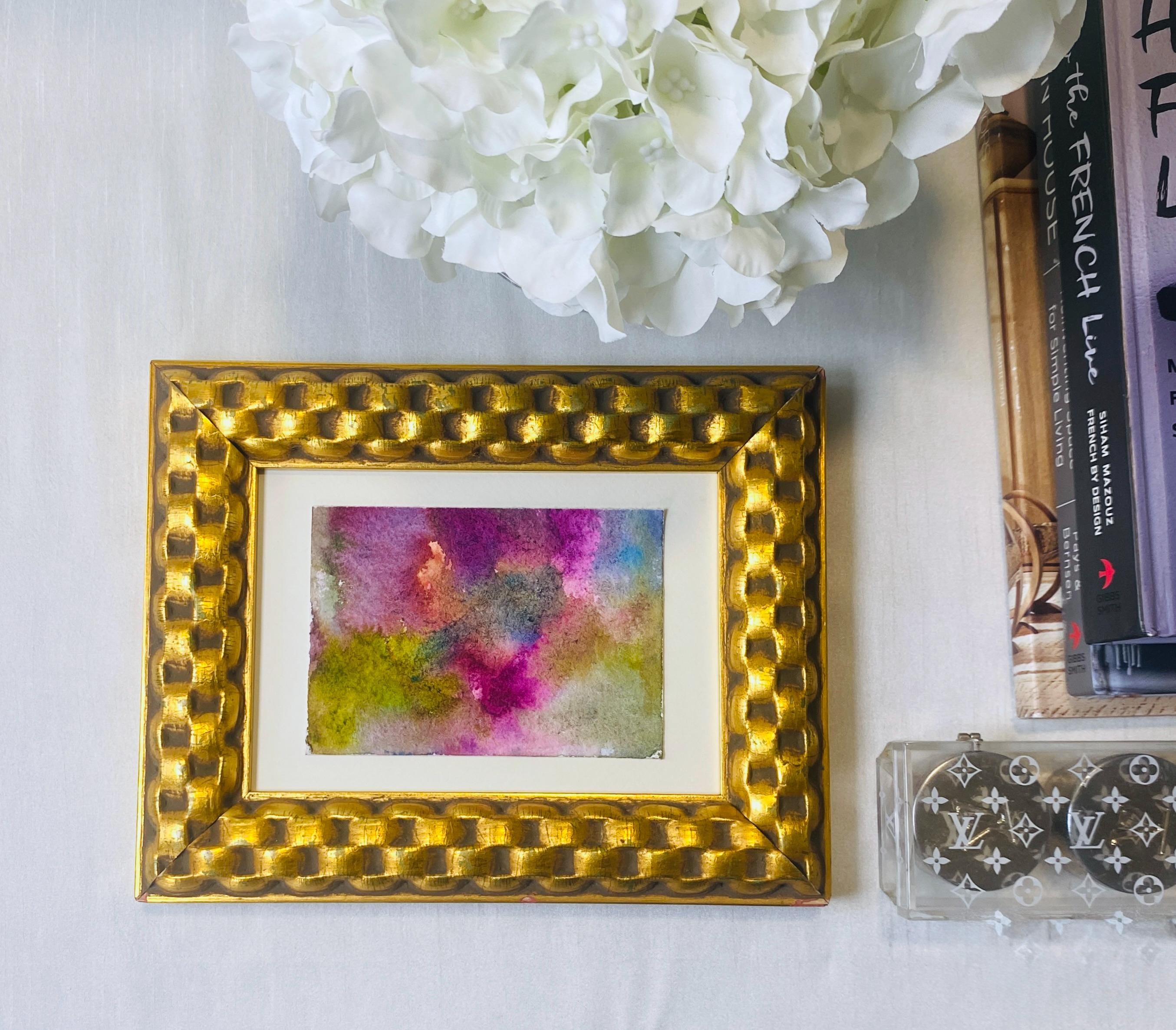 Modern Abstract Watercolor Painting in Vintage Gold Frame