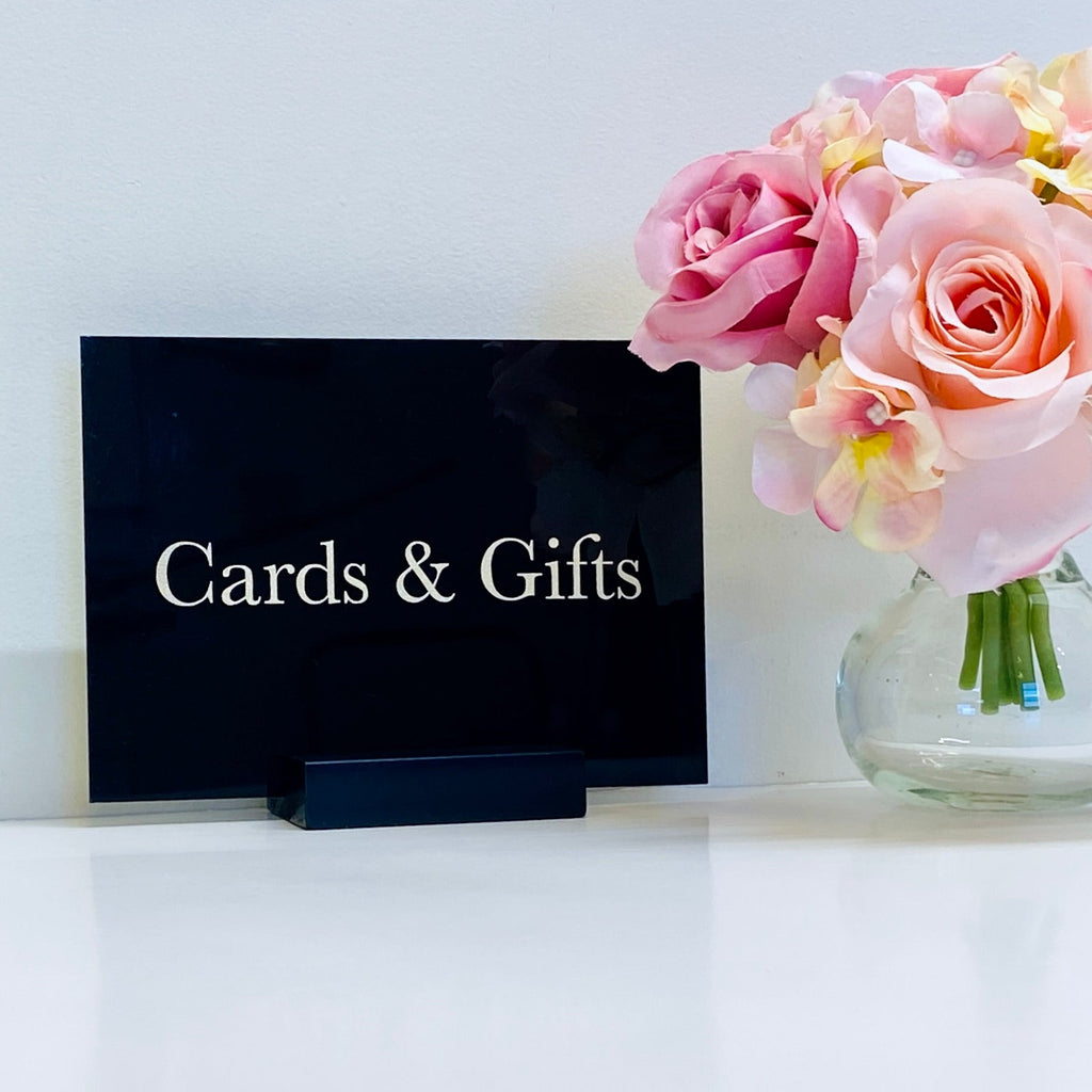 Black Acrylic Cards & Gifts Sign – Gold Vinyl Wedding Sign | Modern Acrylic Wedding Table Sign | Reception Decor