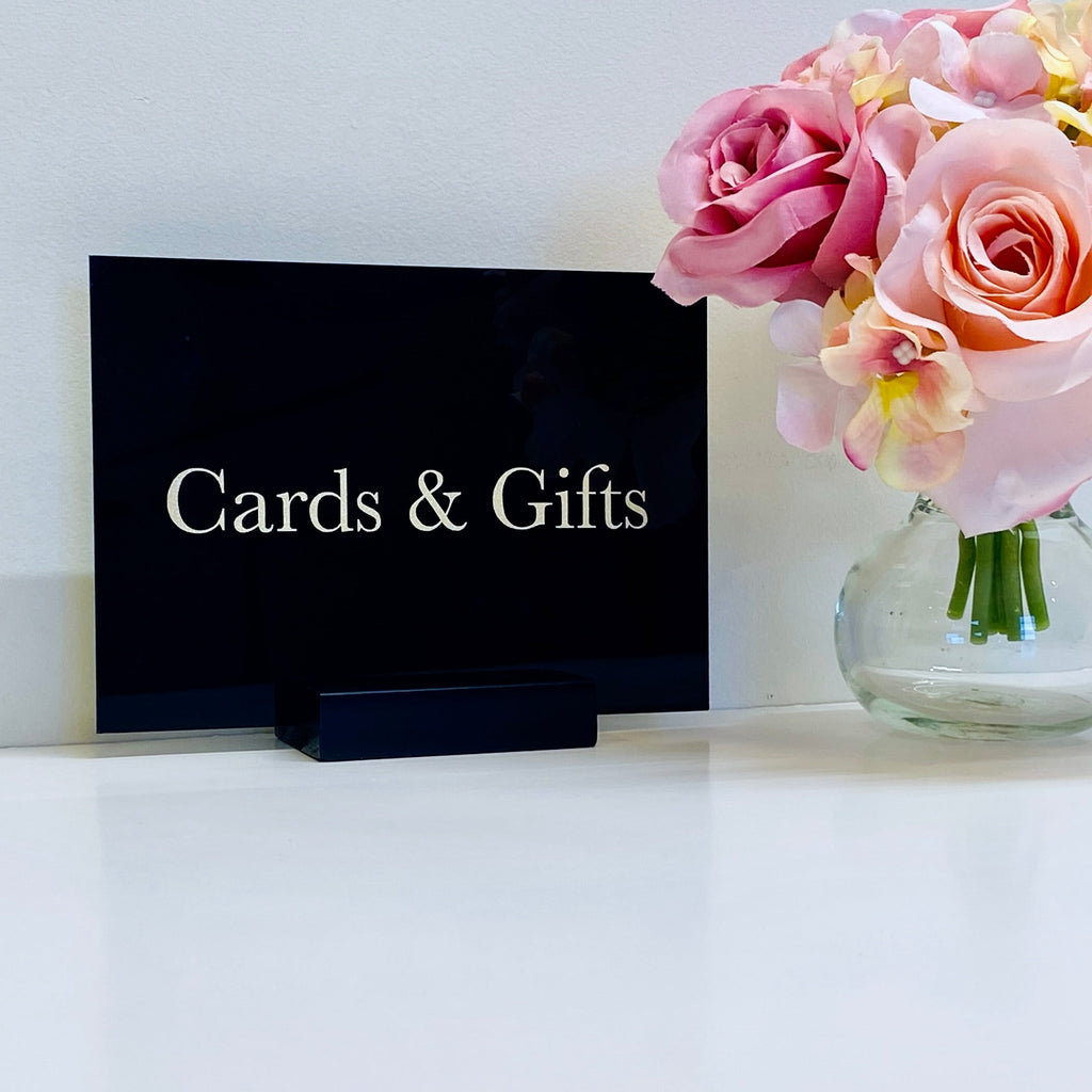 Black Acrylic Cards & Gifts Sign – Gold Vinyl Wedding Sign | Modern Acrylic Wedding Table Sign | Reception Decor