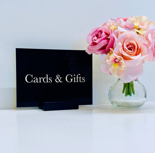 Black Acrylic Cards & Gifts Sign – Gold Vinyl Wedding Sign | Modern Acrylic Wedding Table Sign | Reception Decor