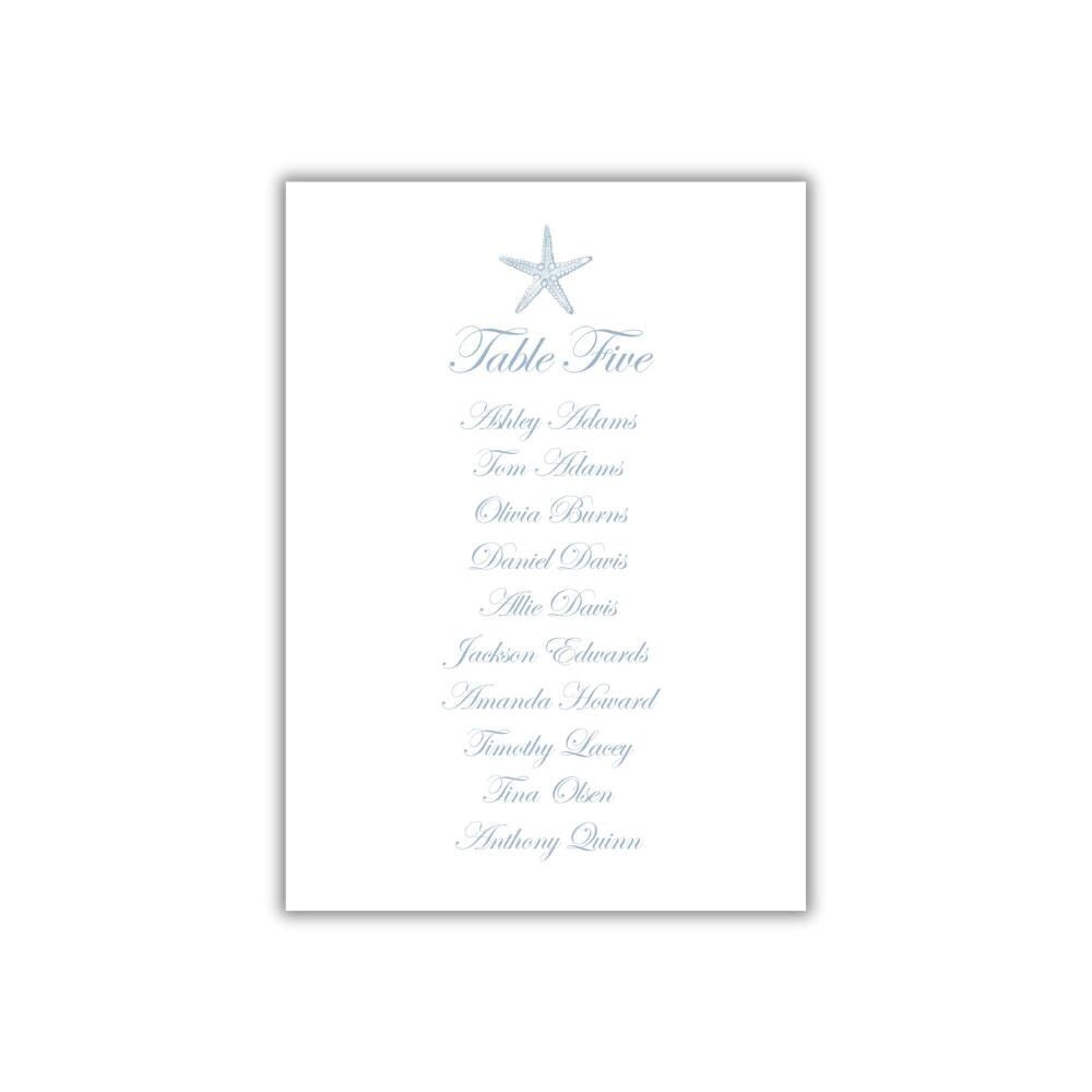 Starfish Beach Wedding Seating Chart: Dusty Blue Calligraphy with free personalization