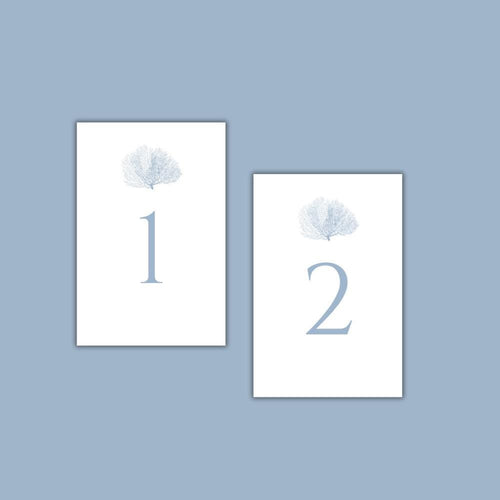 Beach Wedding Table Numbers with a Dusty Blue Sea Fan