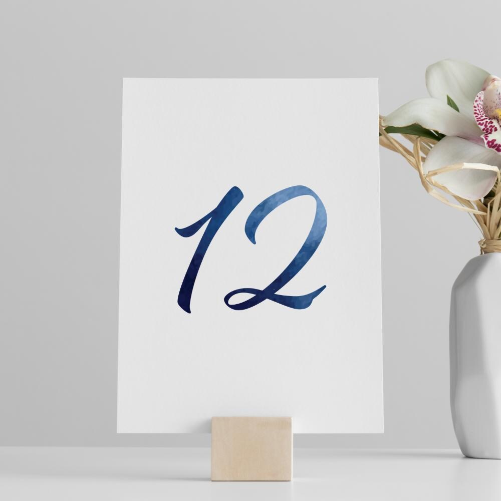 Blue Watercolor Wedding Table Numbers: Beach Theme, Modern Script