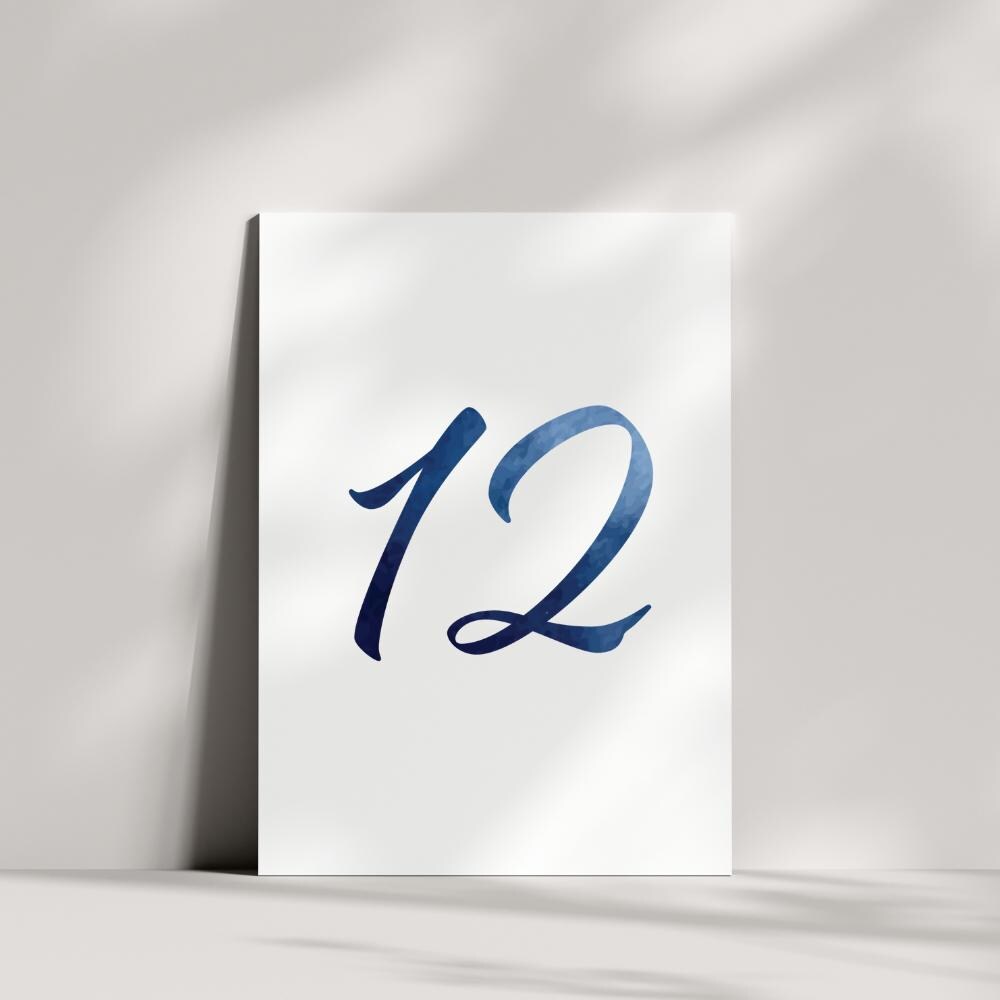 Blue Watercolor Wedding Table Numbers: Beach Theme, Modern Script