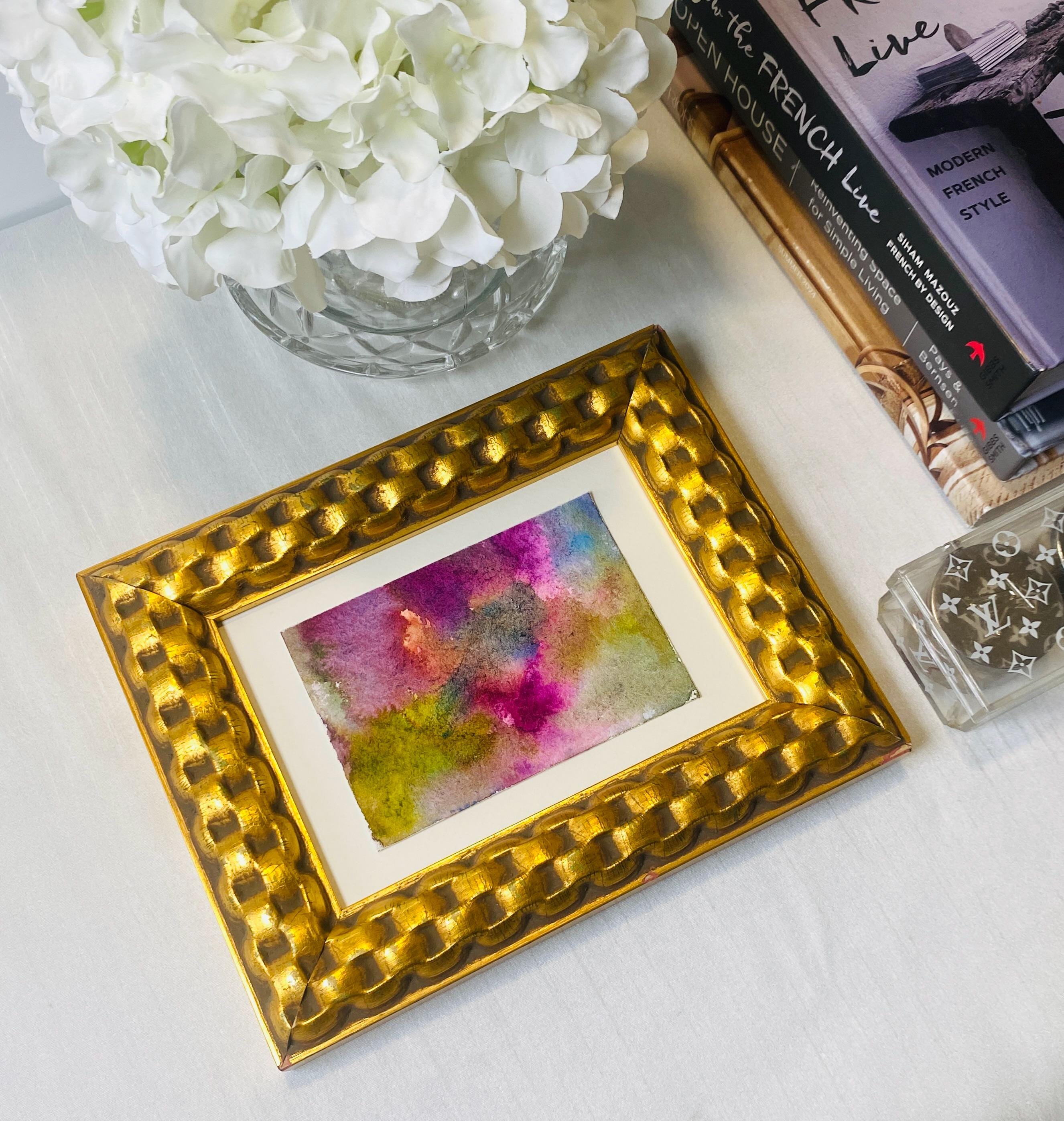 Modern Abstract Watercolor Painting in Vintage Gold Frame