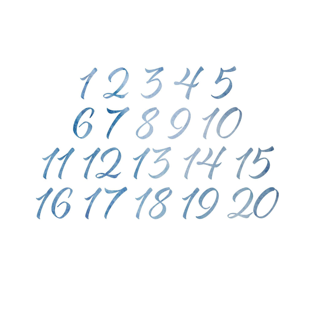 Blue Watercolor Wedding Table Numbers: Beach Theme, Modern Script