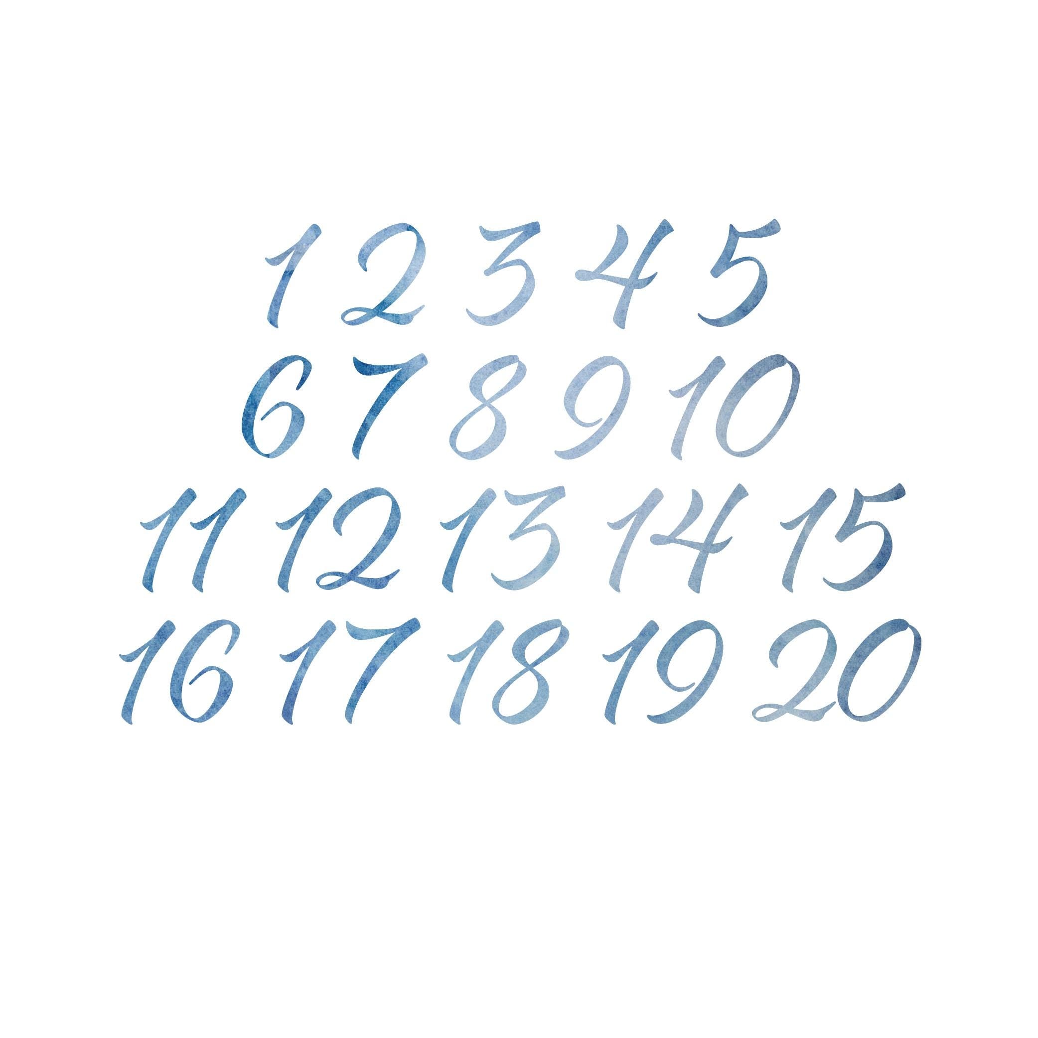 Blue Watercolor Wedding Table Numbers: Beach Theme, Modern Script