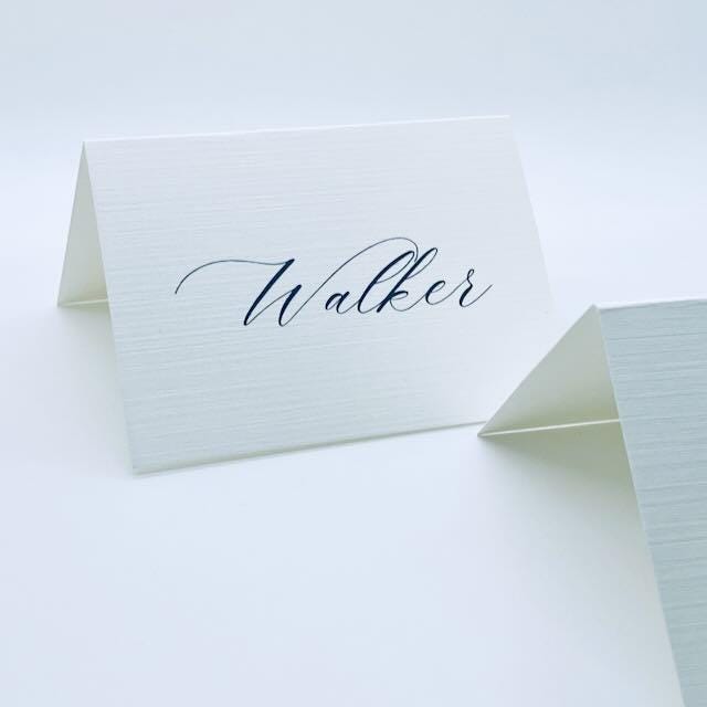 Personalized Calligraphy Wedding Place Cards: Black & White Linen